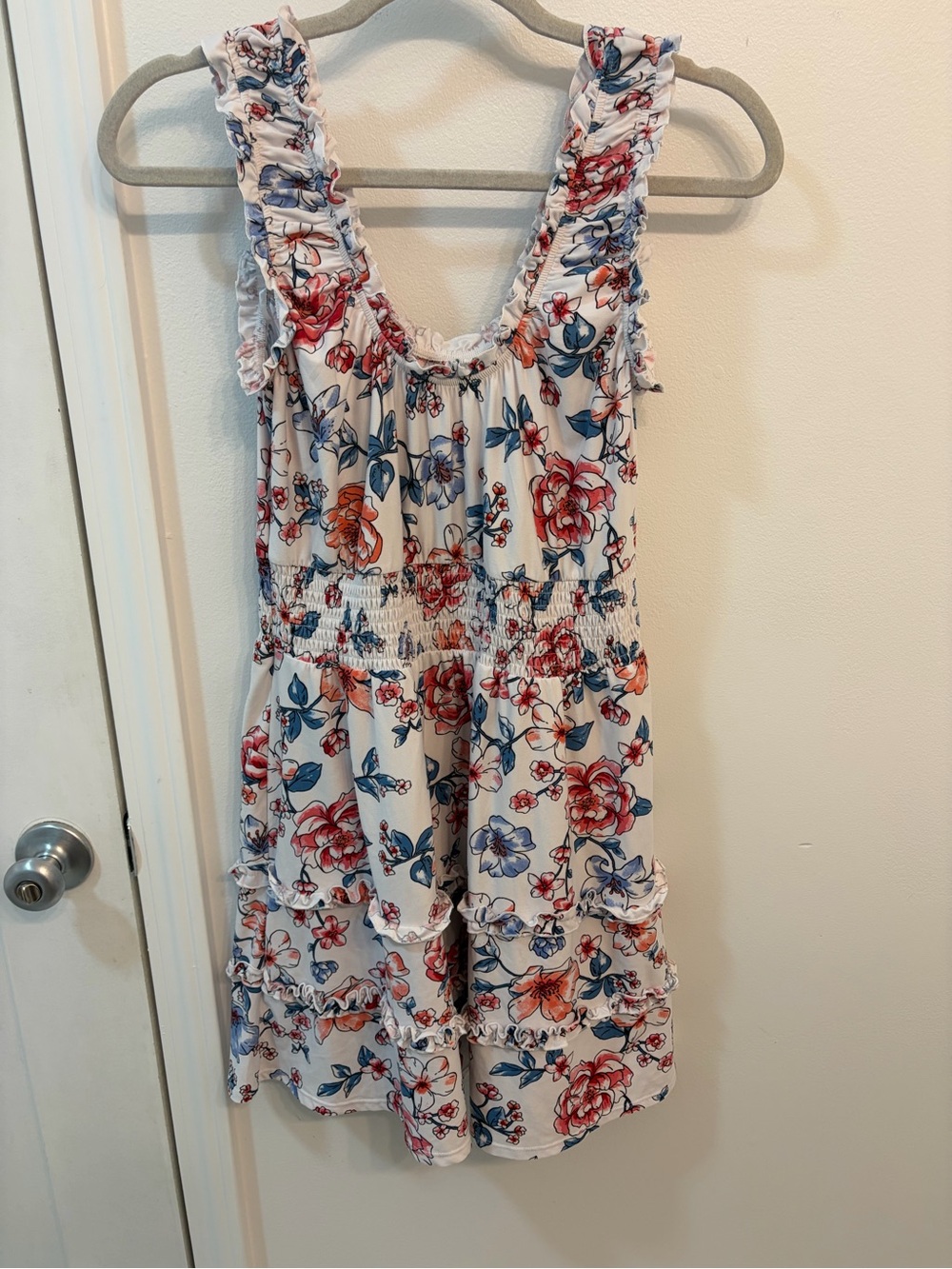 No Boundaries White Floral Ruffle Sundress with Deep Pink & Blue Flowers